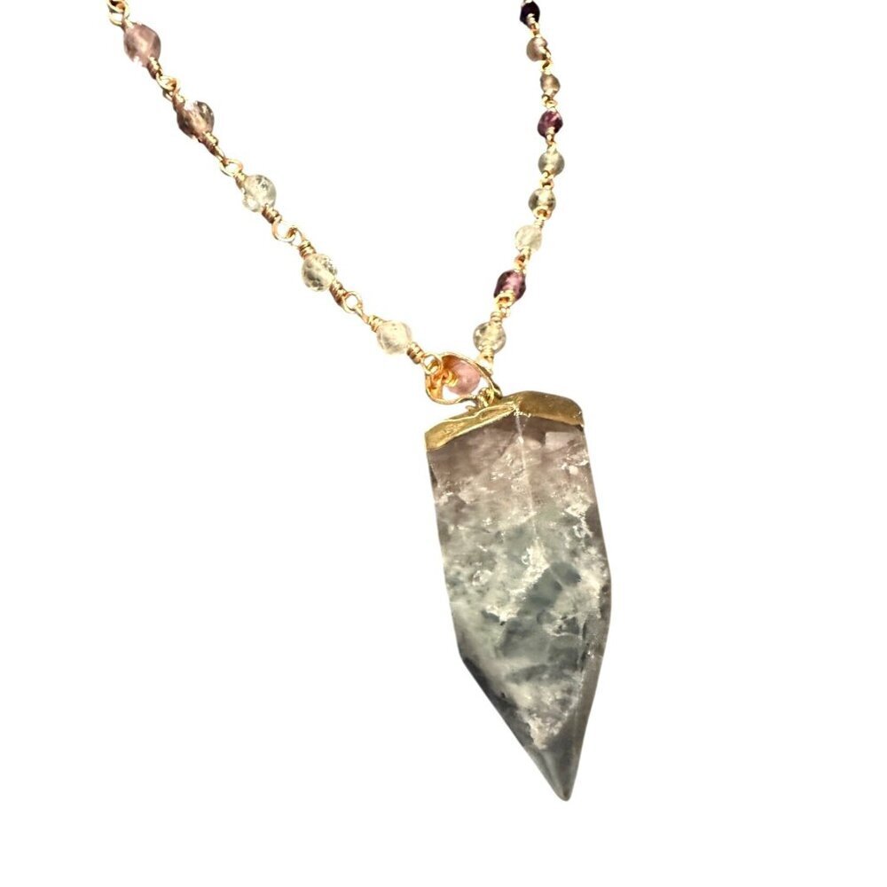 Handmade Crystal Point Pendant Necklace With Multicolor Beaded Chain & Gold - Picture 3 of 10